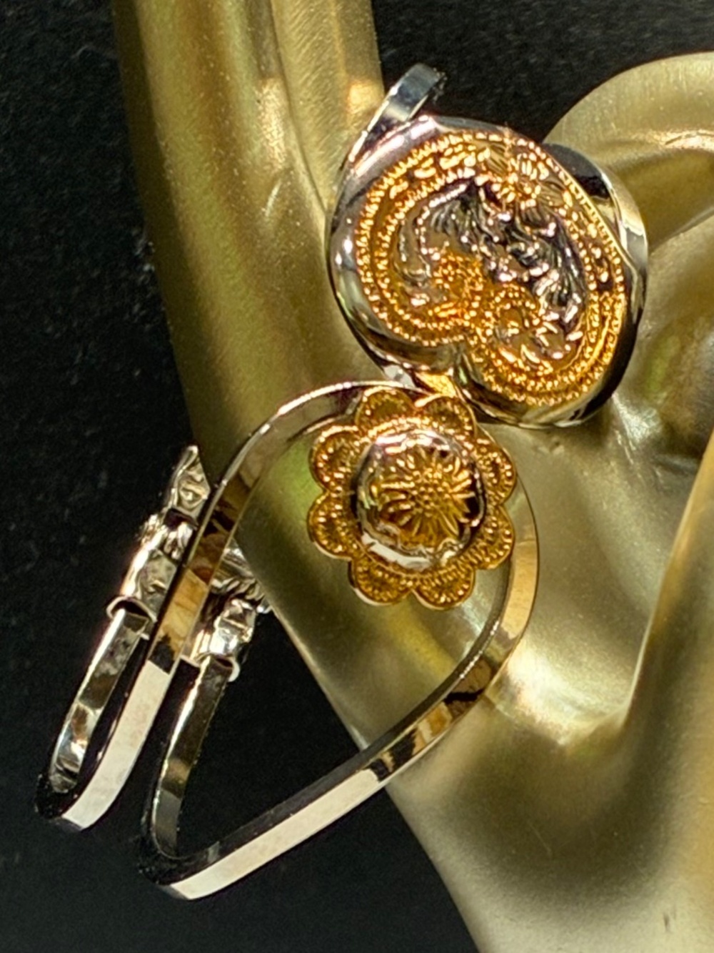 Two-tone etched gold and silver Double hinged Heart bangle